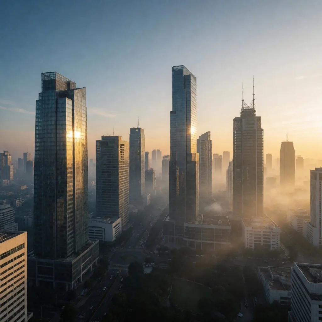 Jakarta skyline at dawn with golden light filtering through glass towers