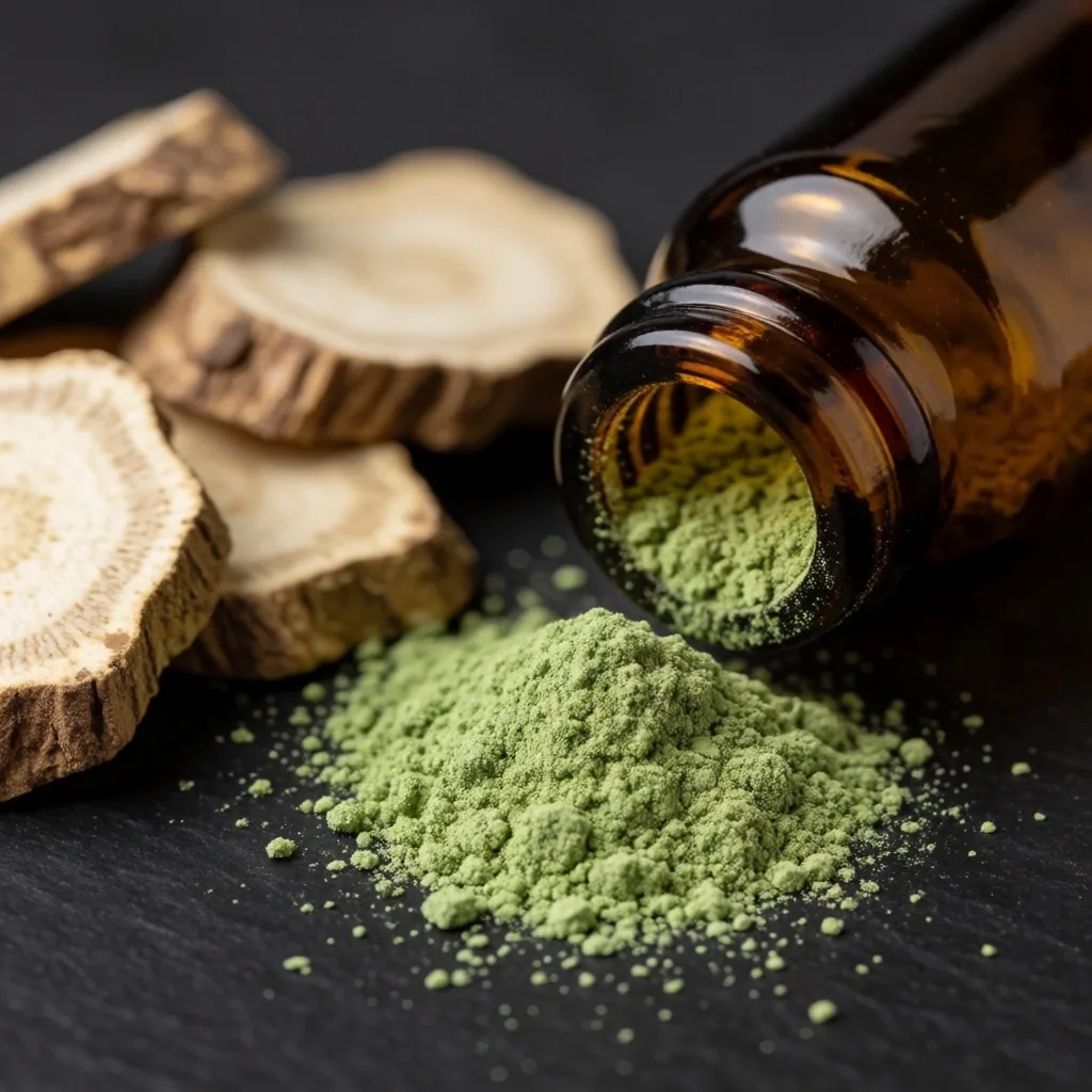 Standardized herbal extracts and dark glass vials on a matte laboratory surface