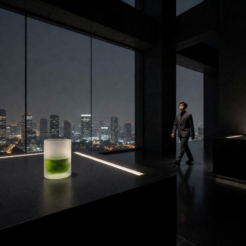 Dark glass supplement vials arranged on a matte black industrial surface